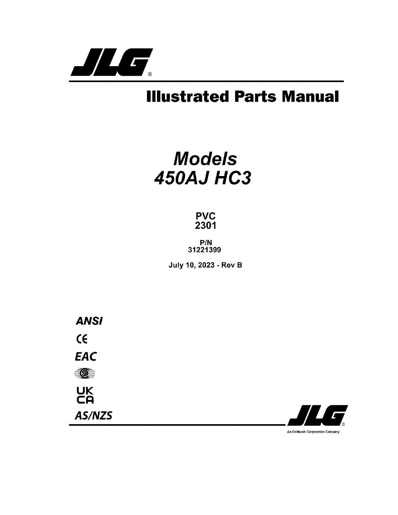 JLG 450AJ HC3 Boom Lift Parts Catalog Manual 31221399