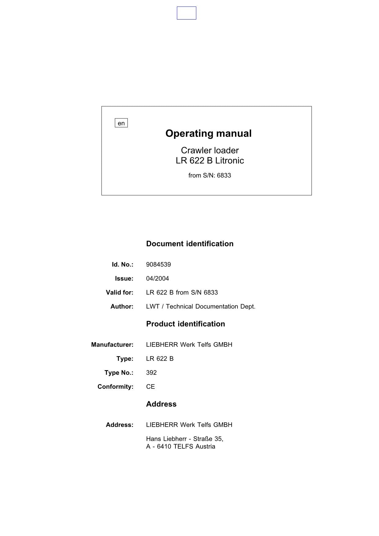 Liebherr LR622 B Litronic CRAWLER LOADER Operators manual 9084539