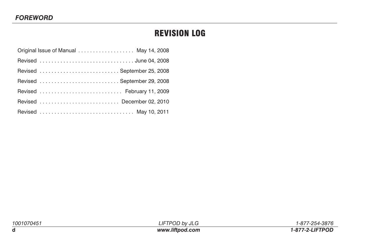 JLG FS60 FS80 Vertical Mast Operation Parts Service Manual