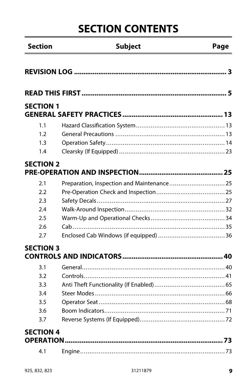 JLG 823 832 925 Telehandler Maintenance Operation Operators Manual 31211879