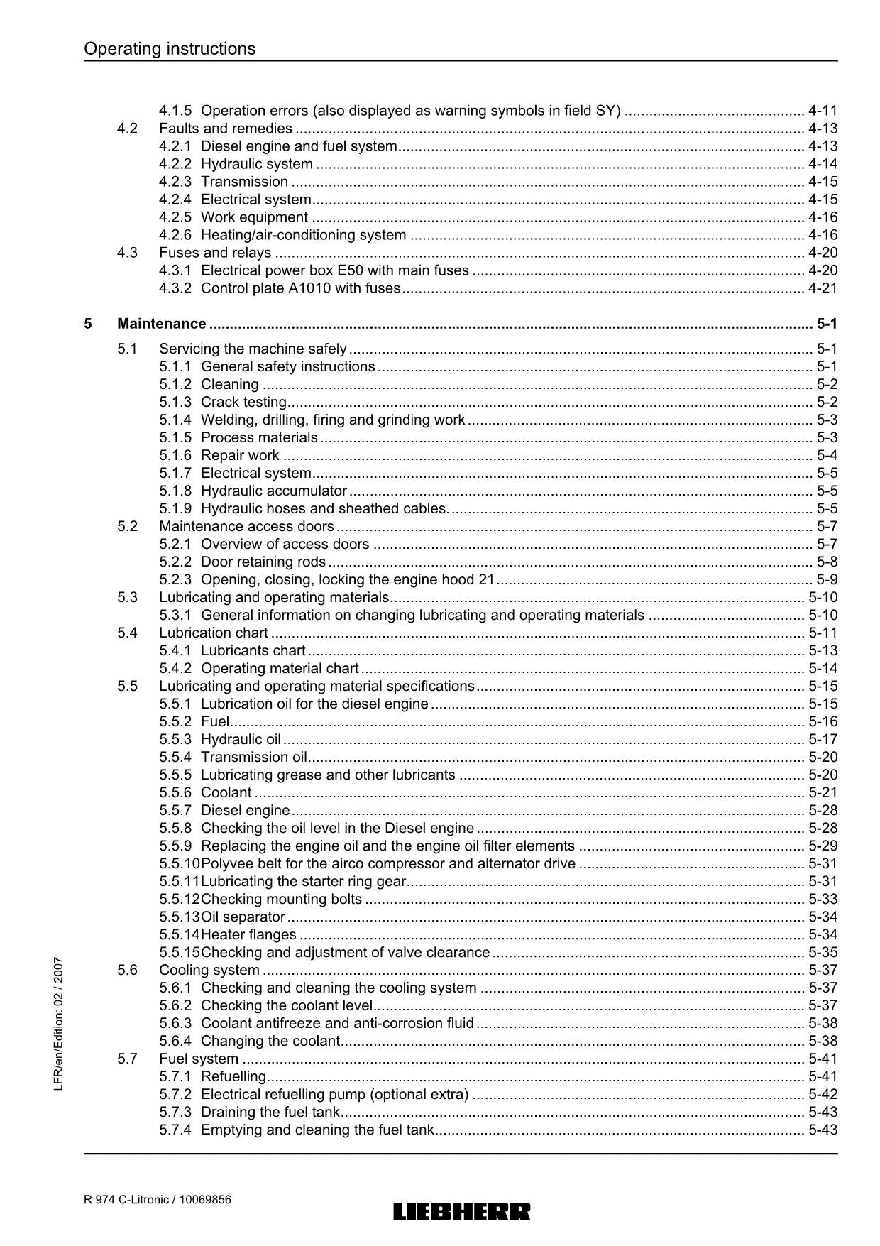 Liebherr R974 C-Litronic Excavator Operators manual serial 15259