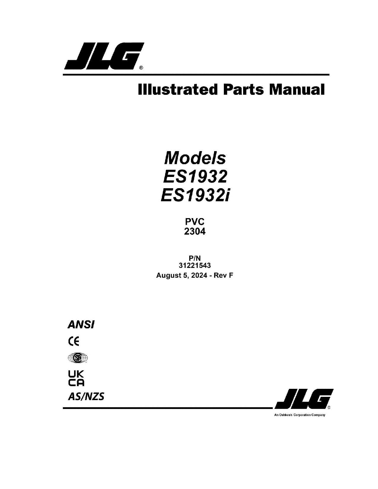 JLG ES1932 ES1932i Scissor Lift Parts Catalog Manual