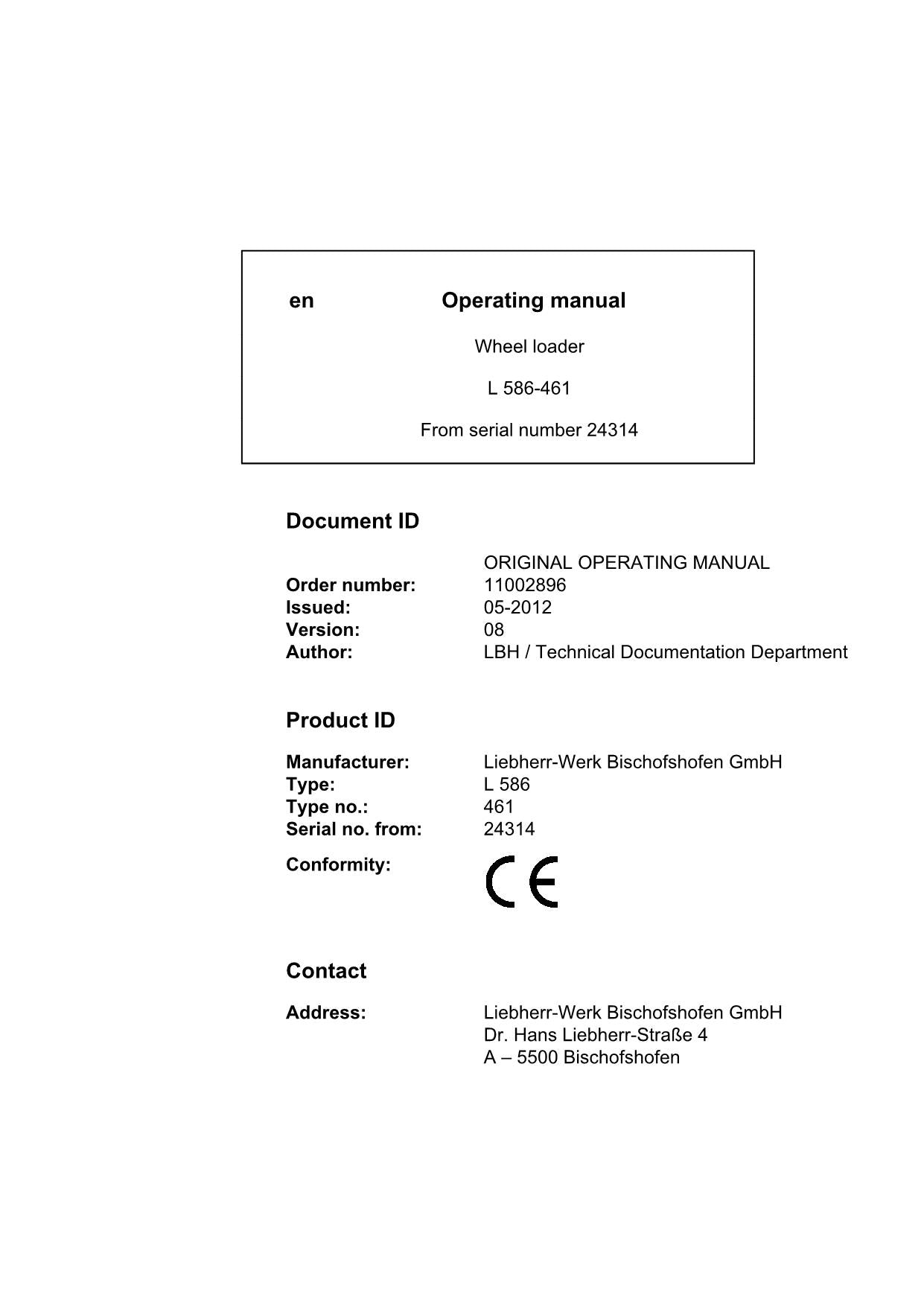 Liebherr L586-461 Wheel Loader Operators manual