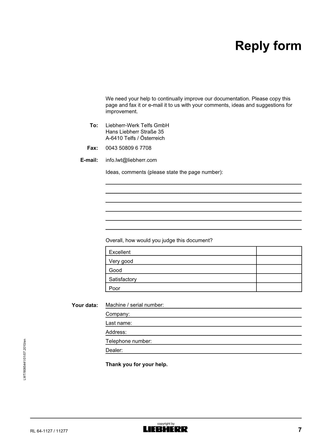 Liebherr RL64-1127 Pipe Layer Operators manual serial 11277