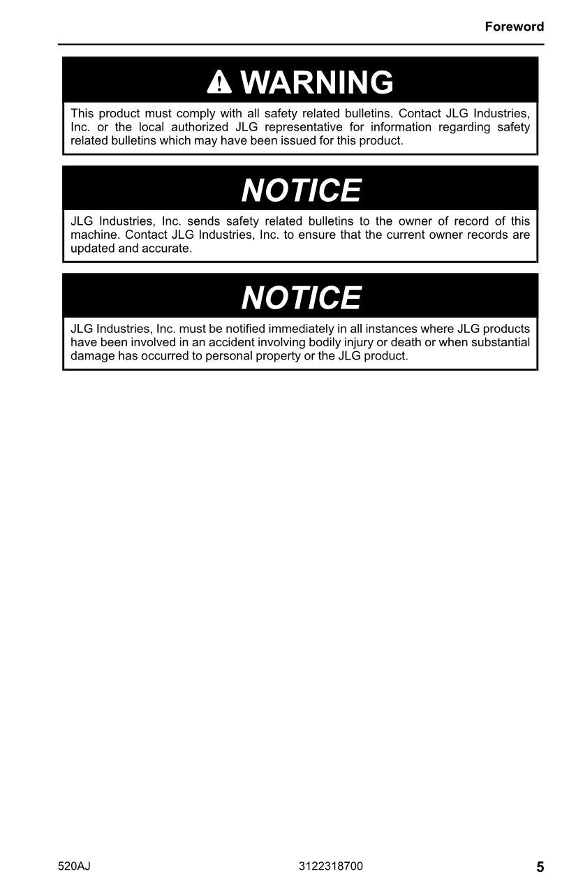 JLG 520AJ Boom Lift Maintenance Operation Operators Manual 3122318700