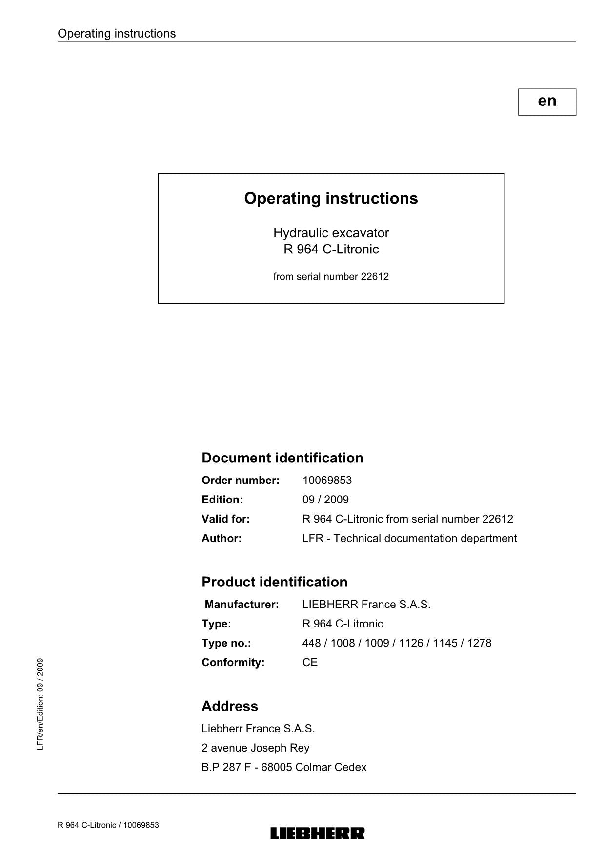 Liebherr R964 C-Litronic Excavator Operators manual serial 22612