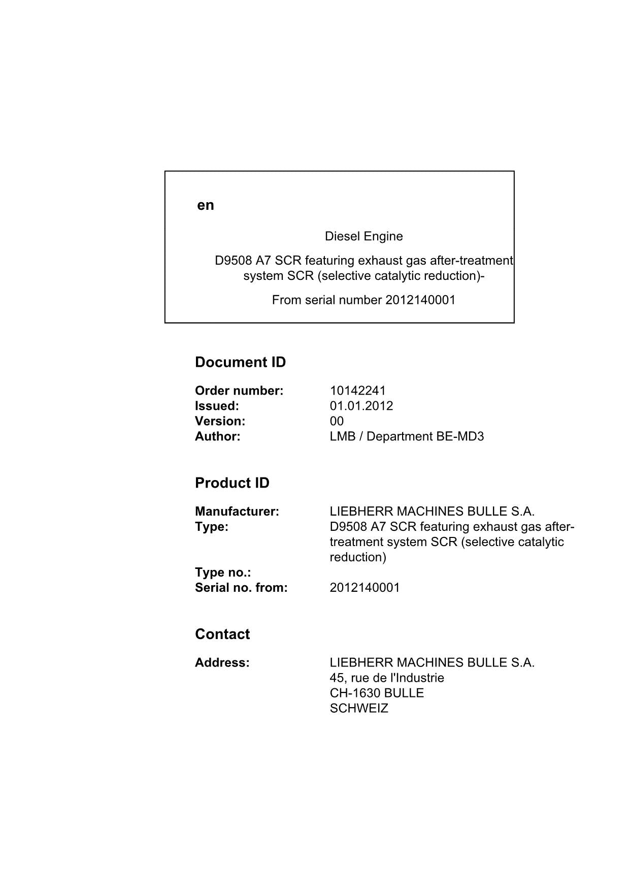 Liebherr D9508 A7 SCR featuring exhaust gas SCR engine Operators manual