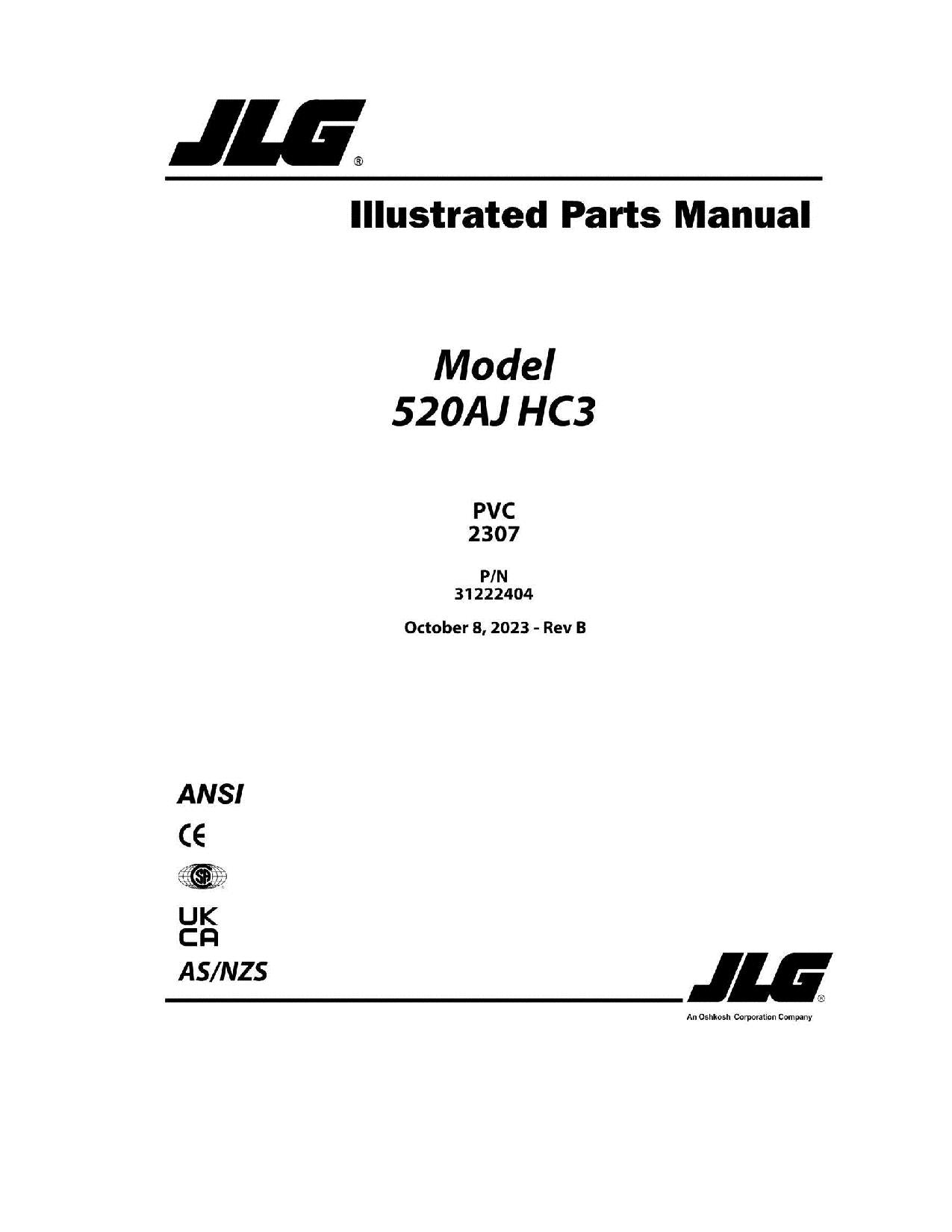 JLG 520AJ HC3 Boom Lift  Parts Catalog Manual