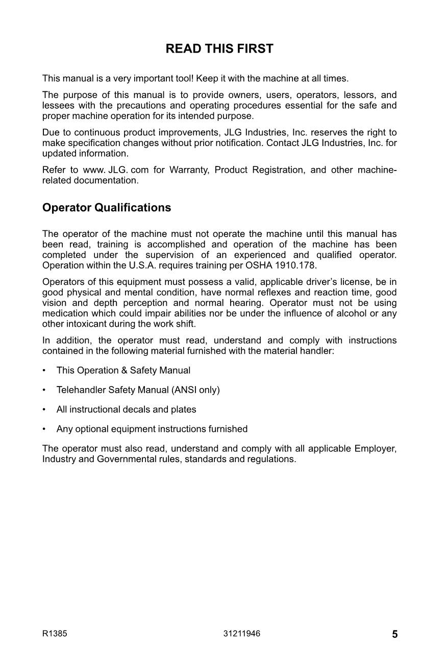 JLG R1385 Telehandler Maintenance Operation Operators Manual