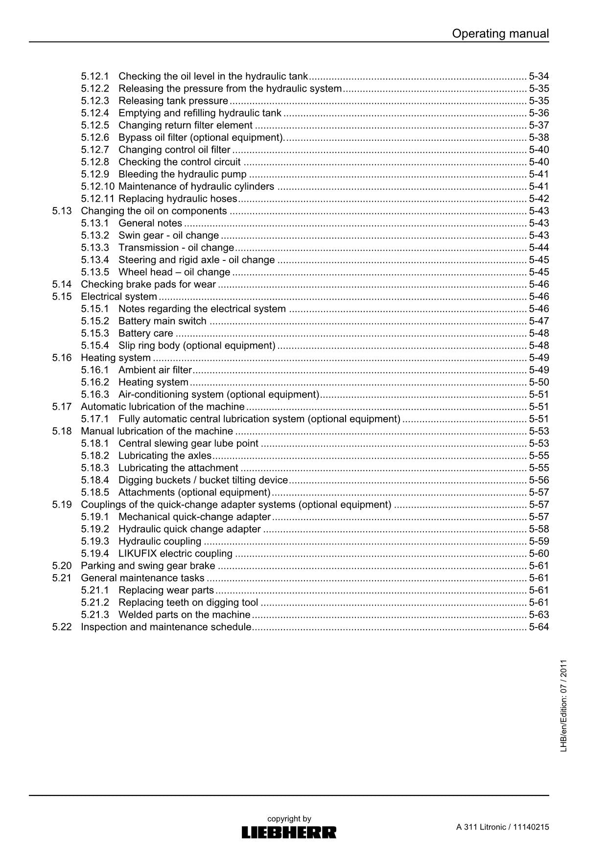 Liebherr A311 Litronic Excavator Operators manual