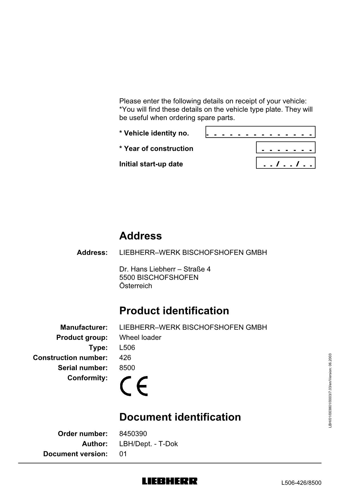 Liebherr L506 Stereo Wheel Loader Operators manual