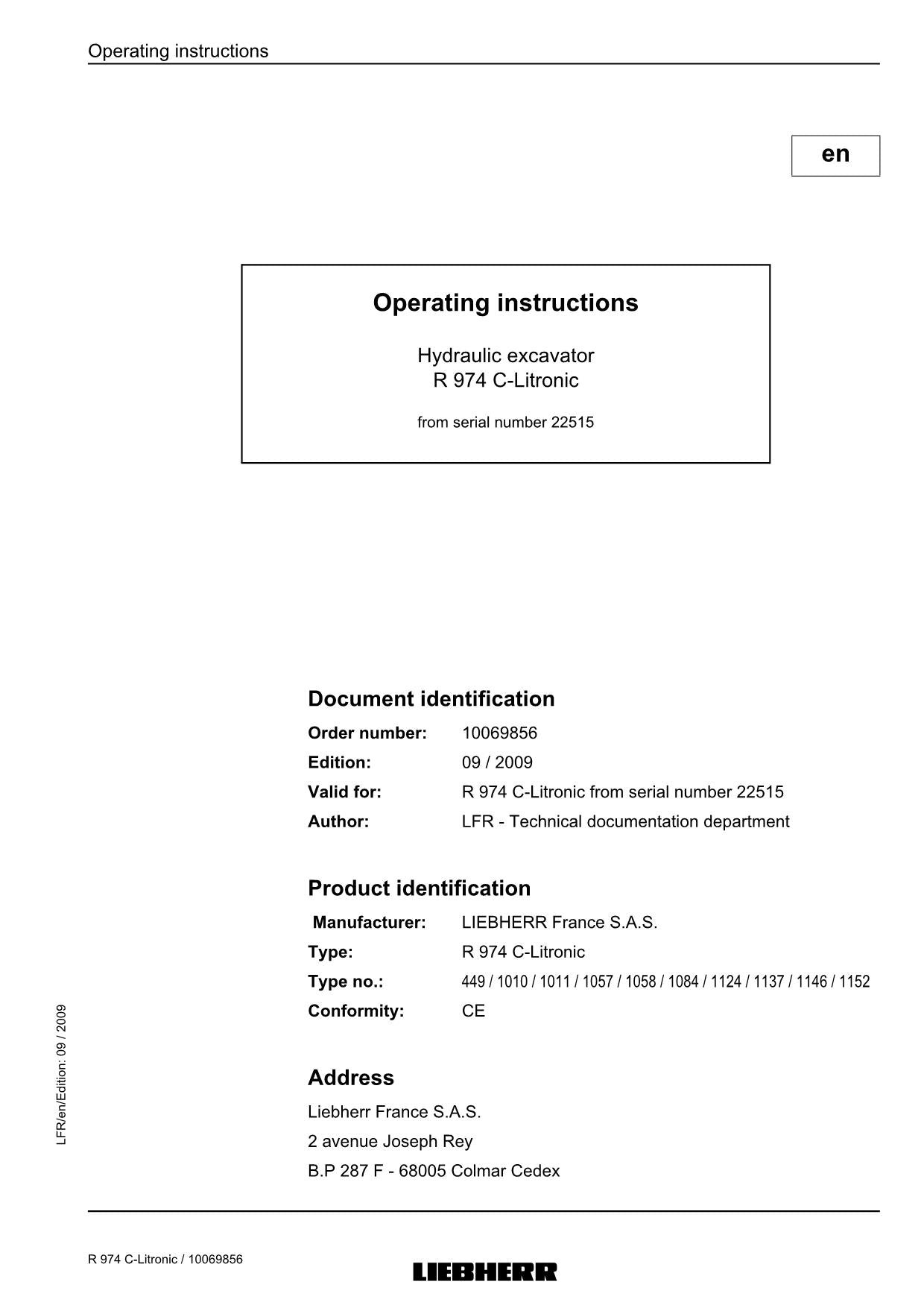 Liebherr R974 C-Litronic Excavator Operators manual serial 22515l