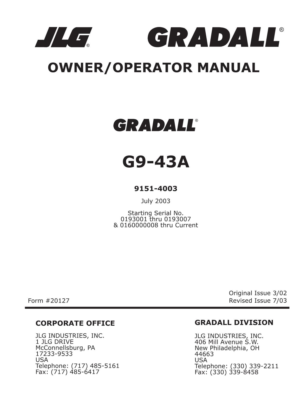 GRADALL JLG G9-43A Telehandler Maintenance Operation Operators Manual