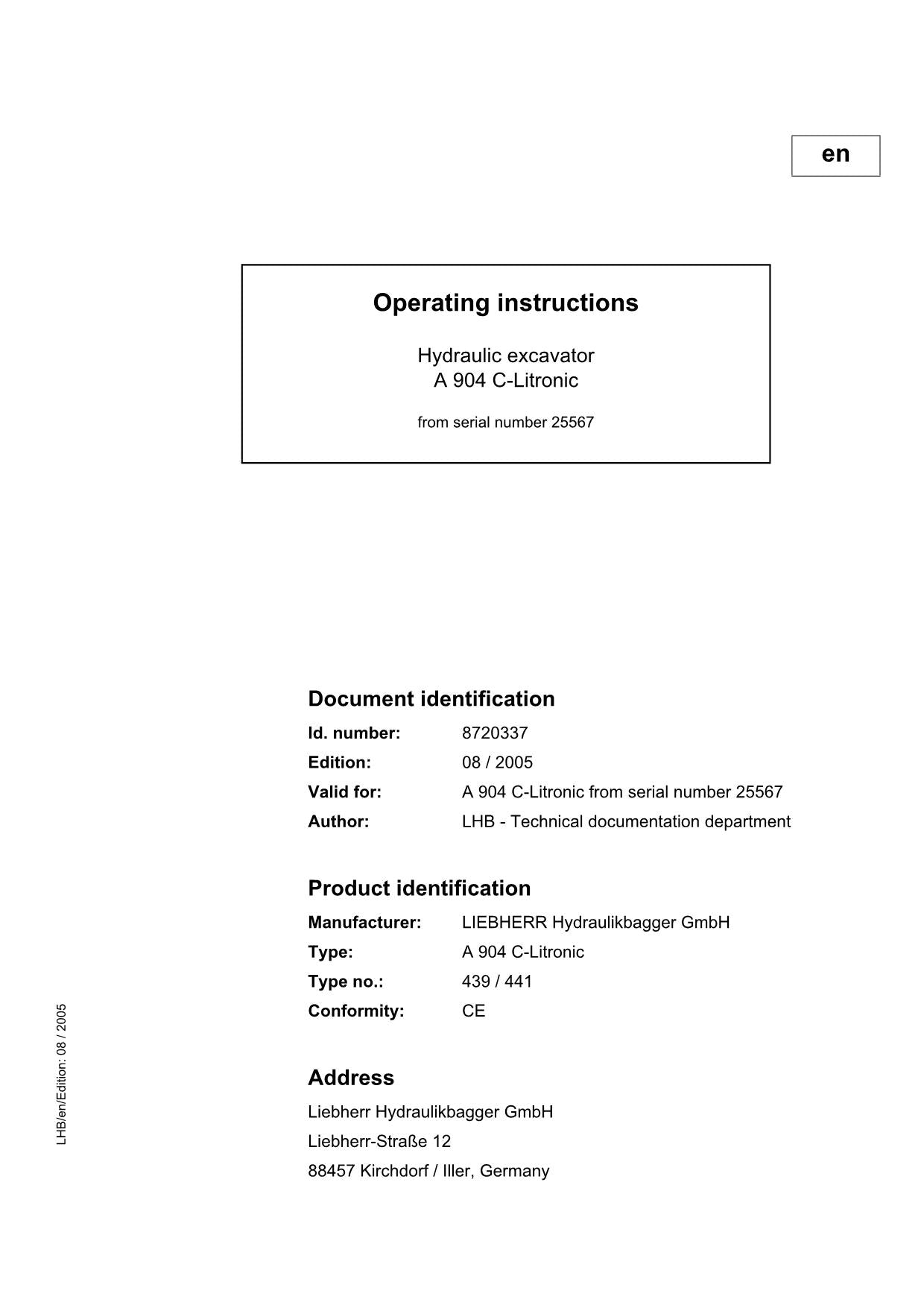 Liebherr A904 C-Litronic Excavator Operators manual serial 441