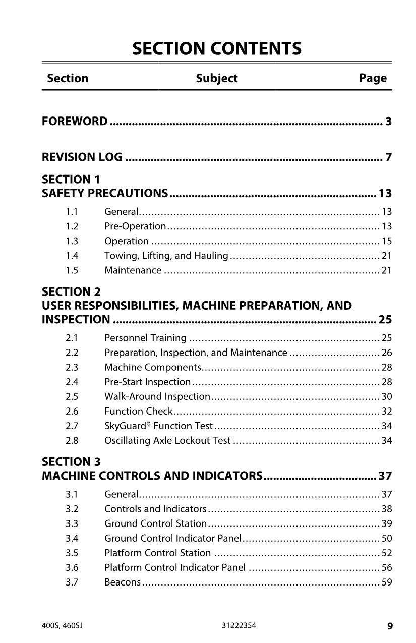 JLG 400S 460SJ Boom Lift Maintenance Operation Operators Manual 31222354