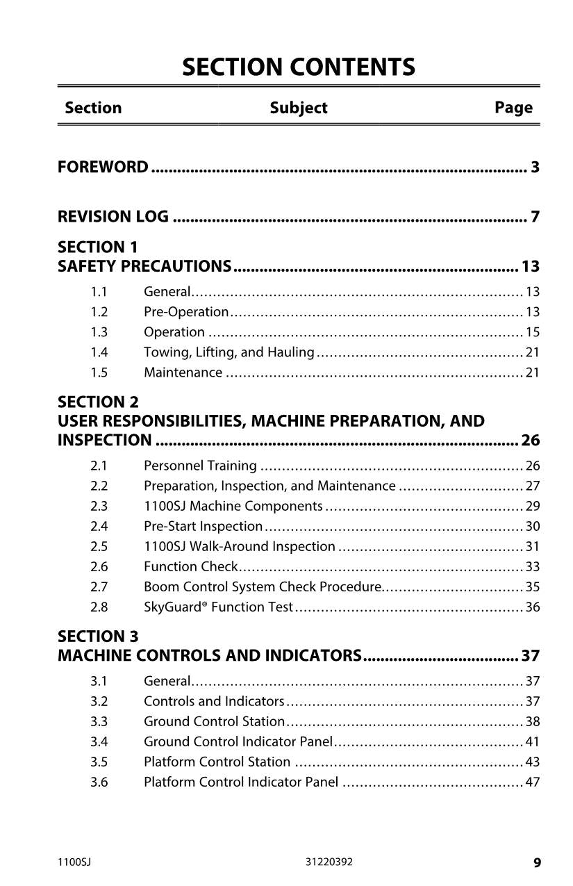 JLG 1100SJ Boom Lift Maintenance Operation Operators Manual 31220392