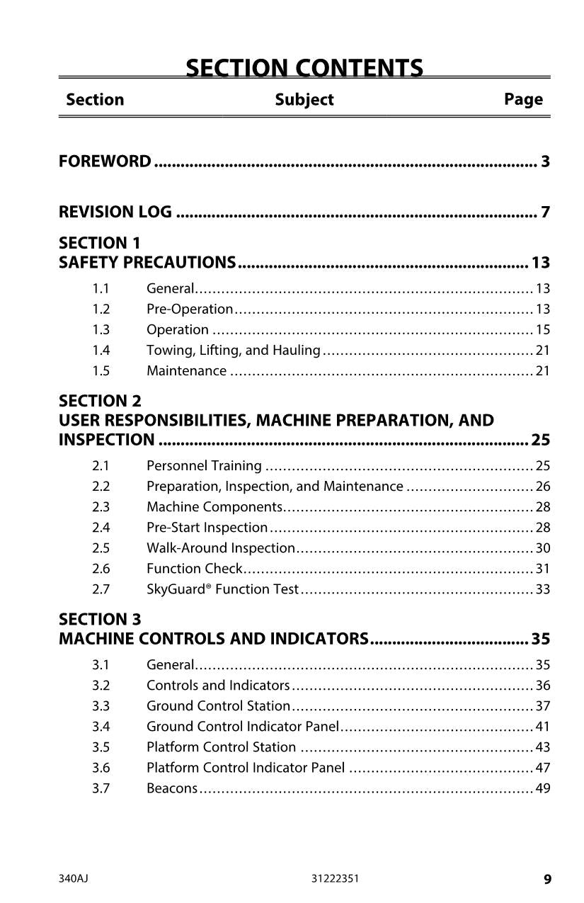 JLG 340AJ Boom Lift Maintenance Operation Operators Manual 31222351