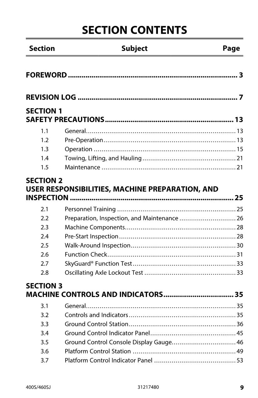 JLG 400S 460SJ Boom Lift Maintenance Operation Operators Manual 31217480