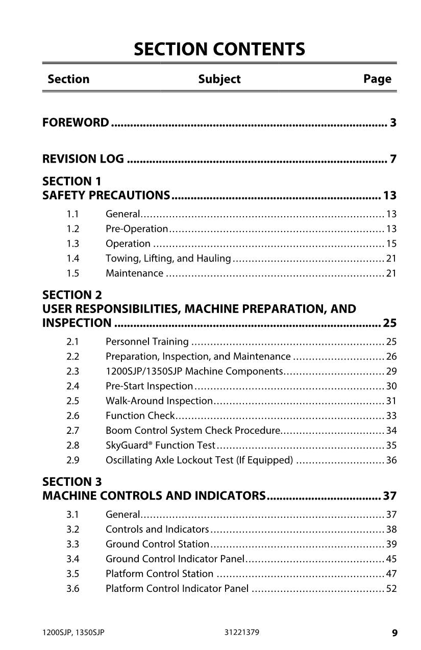 JLG 1200SJP 1350SJP Boom Lift Maintenance Operation Operators Manual 31221379