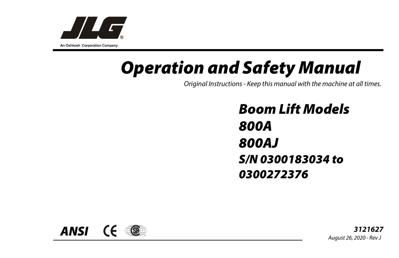 JLG 800A 800AJ Boom Lift Maintenance Operation Operators Manual 3121627