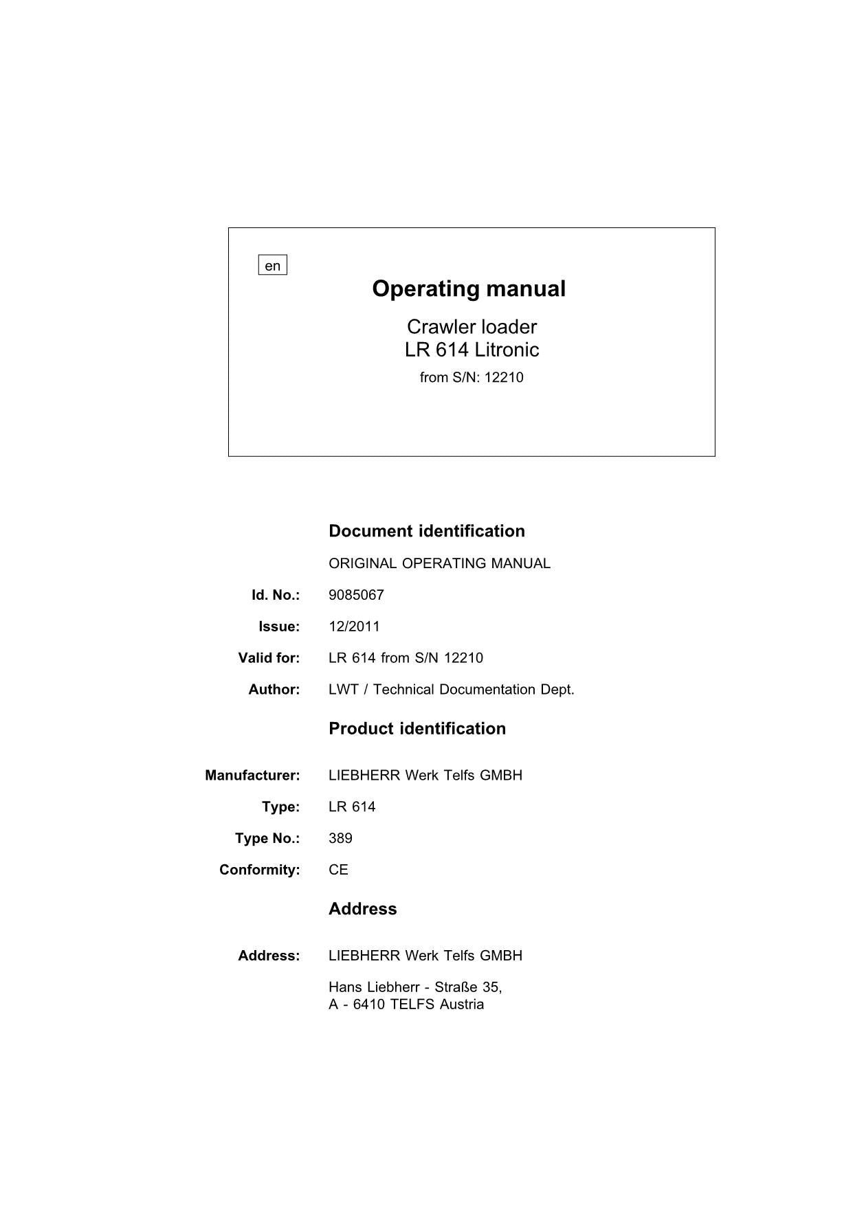 Liebherr LR614 Litronic CRAWLER LOADER Operators manual 9085067 serial 12210