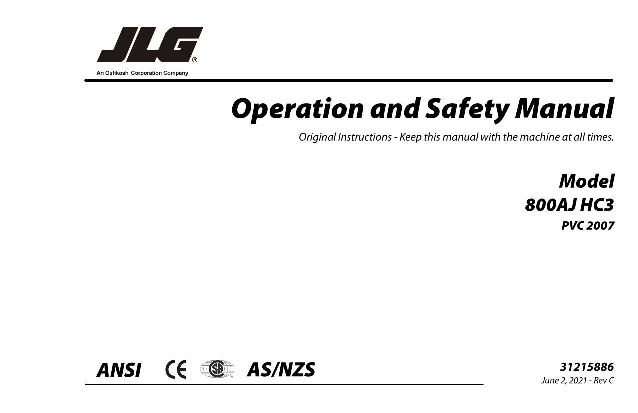 JLG 800AJ HC3 Boom Lift Maintenance Operation Operators Manual 31215886