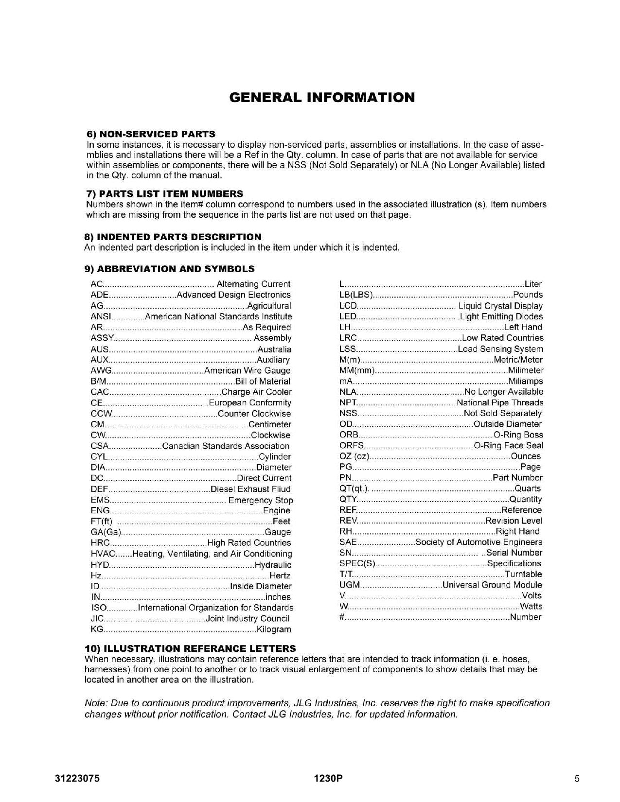 JLG 1230P Vertical Mast Parts Catalog Manual