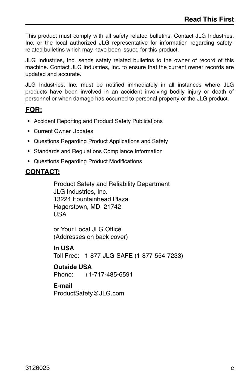 JLG 266 266 LoPro 307 Telehandler Maintenance Operation Operators Manual