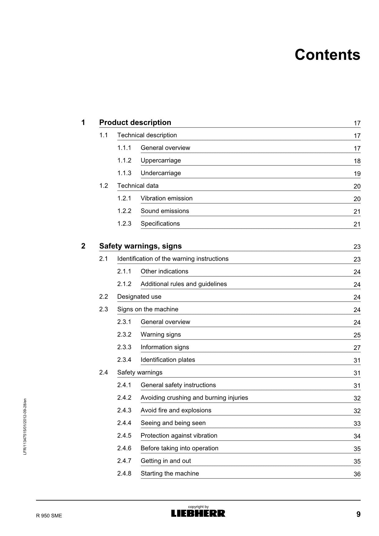 Liebherr R950 SME Excavator Operators manual