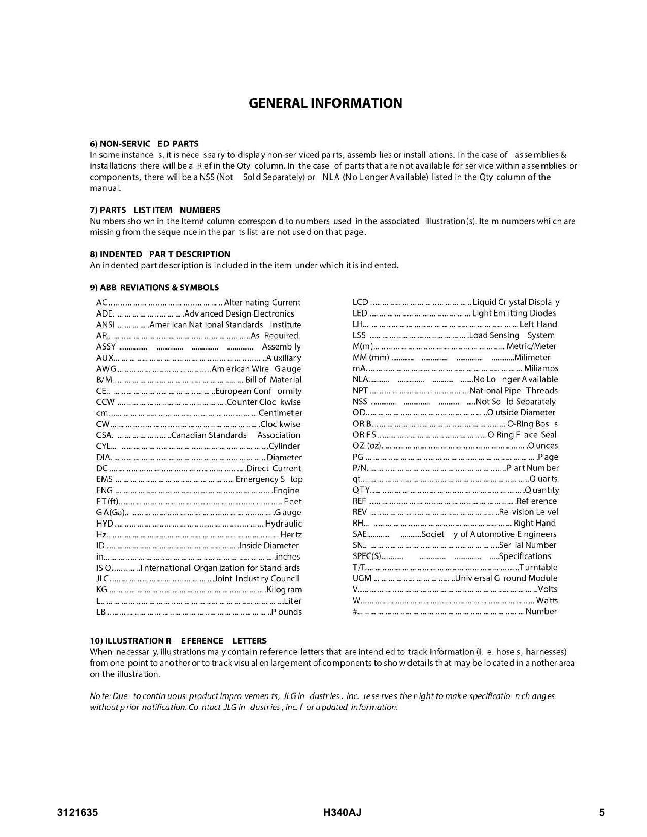 JLG H340AJ Boom Lift Parts Catalog Manual 0300000100-0300272288