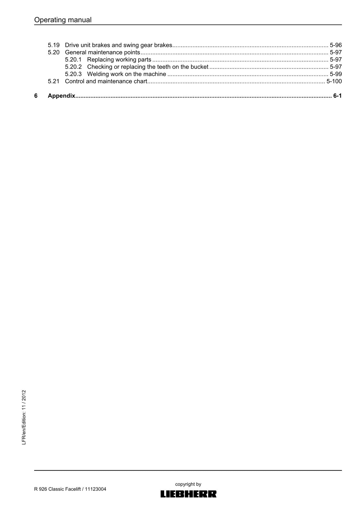 Liebherr R926 Classic Facelift Excavator Operators manual