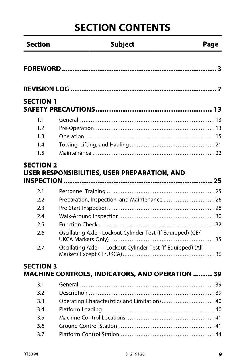 JLG RT5394 Scissor Lift Maintenance Operation Operators Manual 31219128