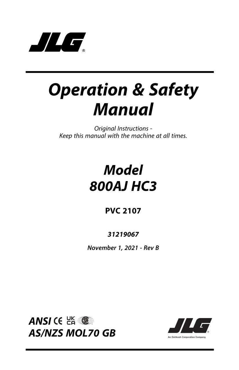 JLG 800AJ HC3 Boom Lift Maintenance Operation Operators Manual 31219067