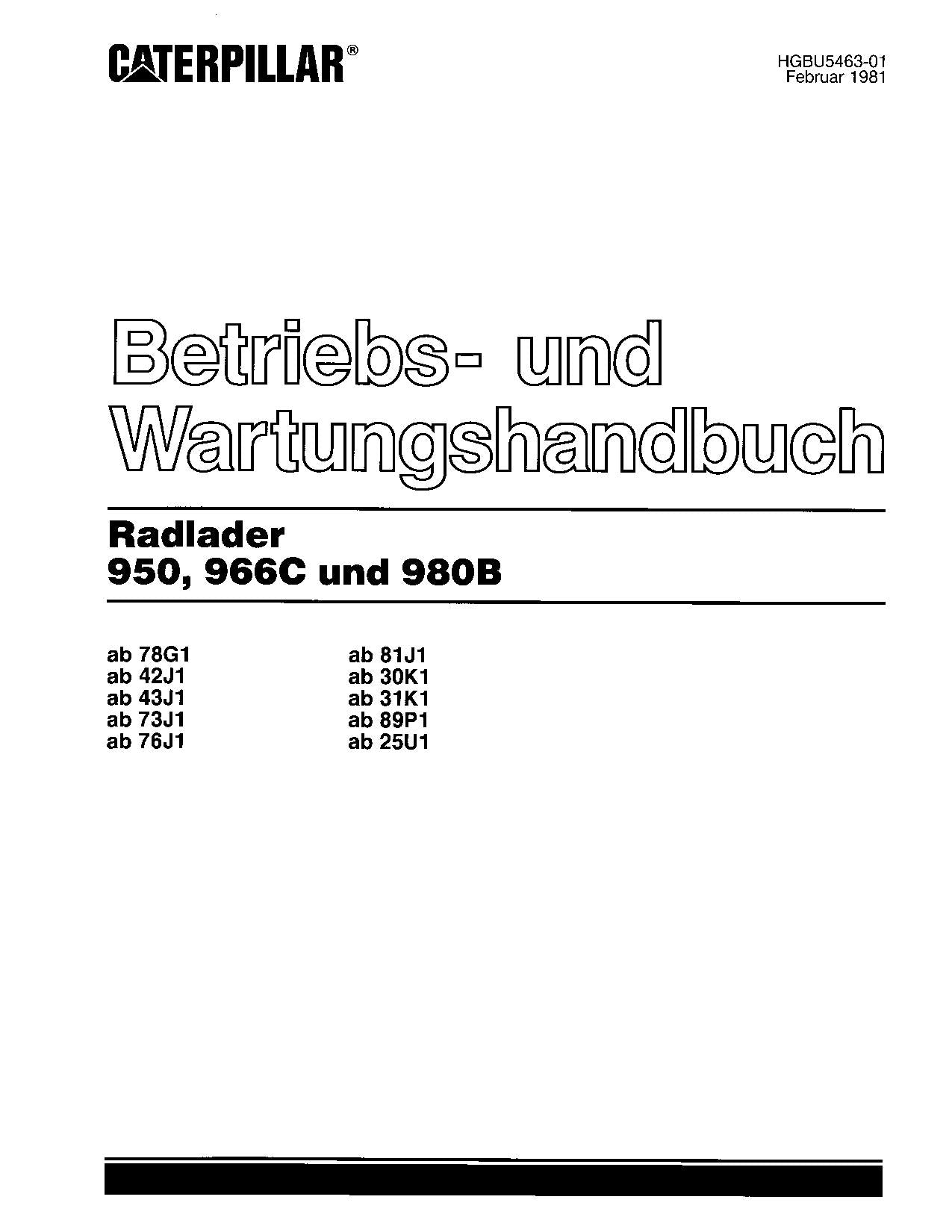 Caterpillar 950 966C 980B Radlader Betriebsanleitung Wartungshandbuch