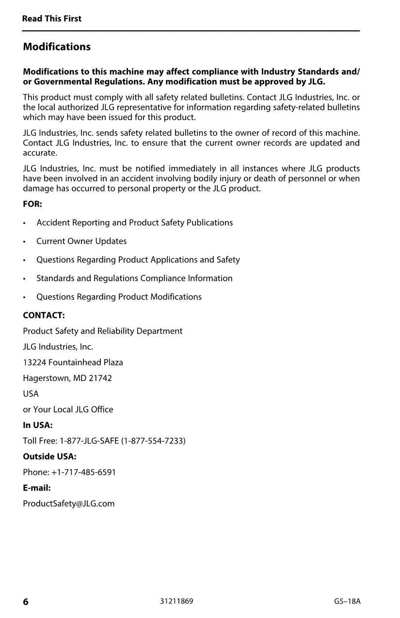 JLG G5-18A Telehandler Maintenance Operation Operators Manual 31211869