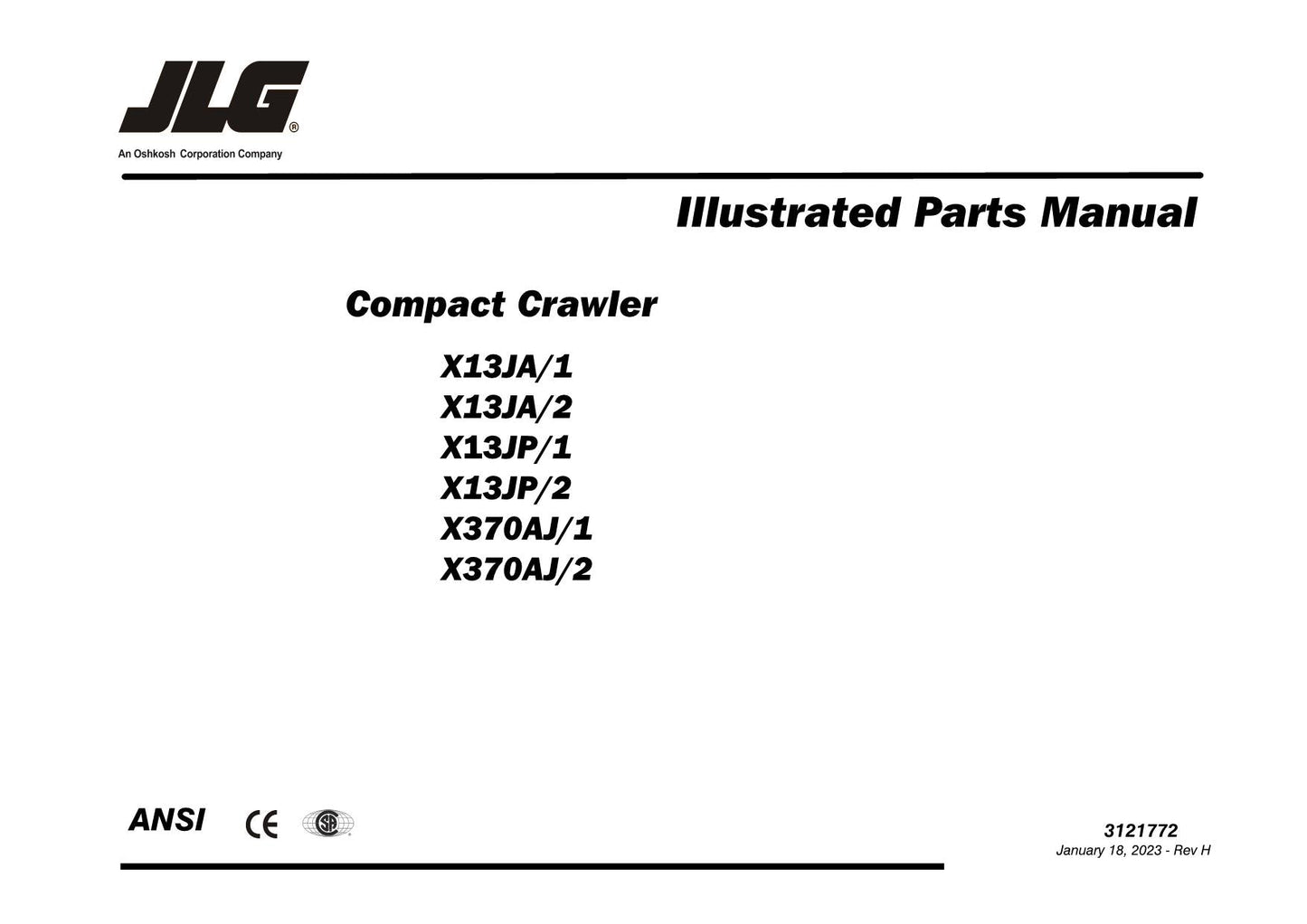 JLG X13JP X370AJ Compact Crawler Boom Parts Catalog Manual Multi language