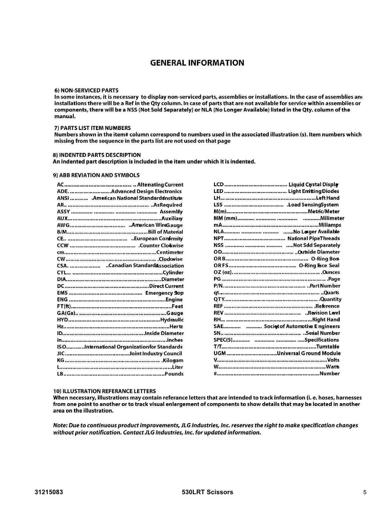 JLG 530LRT Scissor Lift Parts Catalog Hard Copy Manual