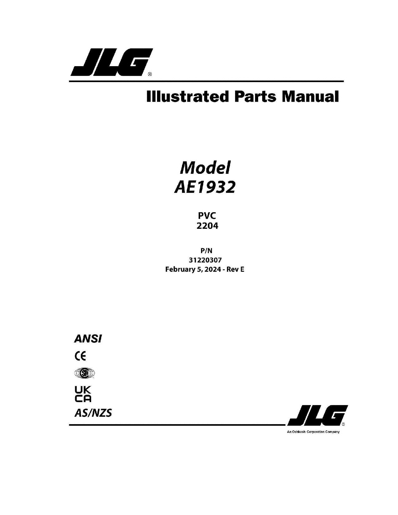 JLG AE1932 Scissor Lift Parts Catalog Manual