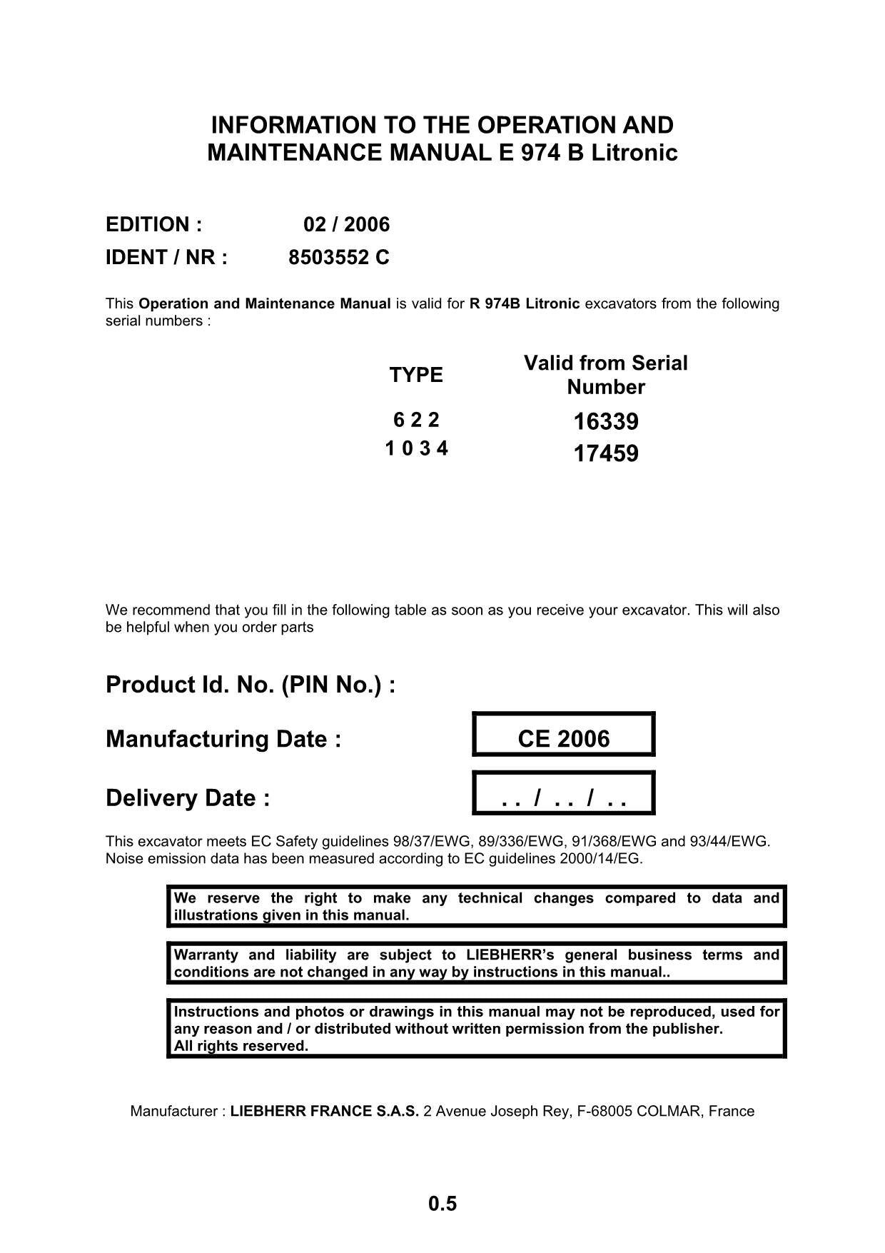 Liebherr E974 B Litronic Excavator Operators manual