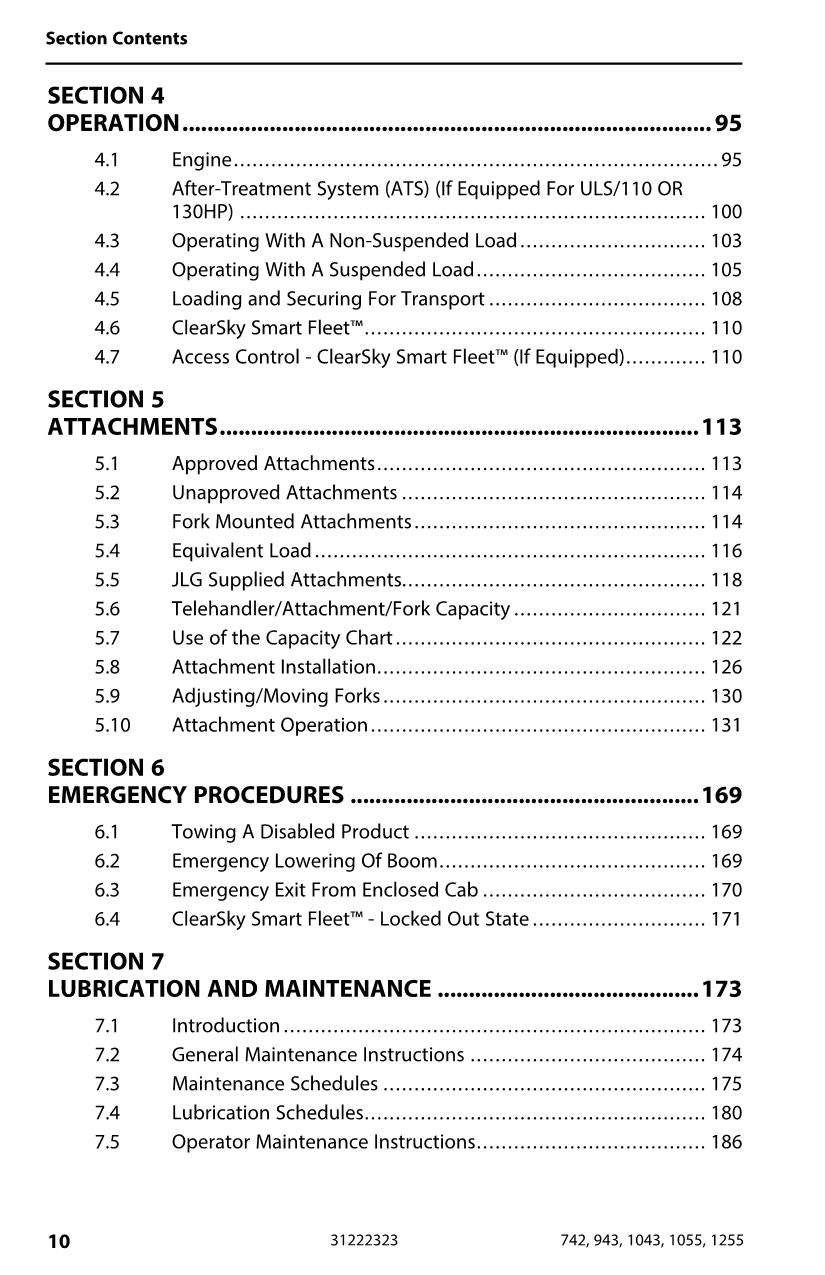 JLG 1043 1055 1255 742 943 Telehandler Maintenance Operators Manual 31222323