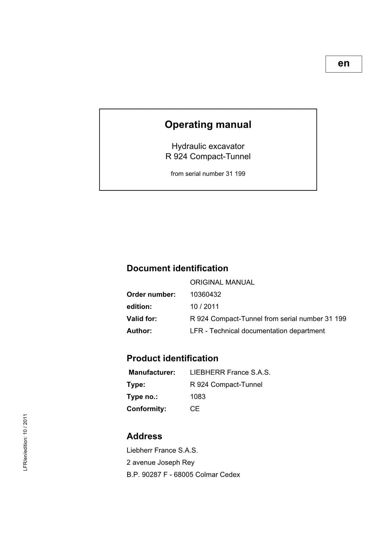 Liebherr R924 Compact-Tunnel Excavator Operators manual serial 31199