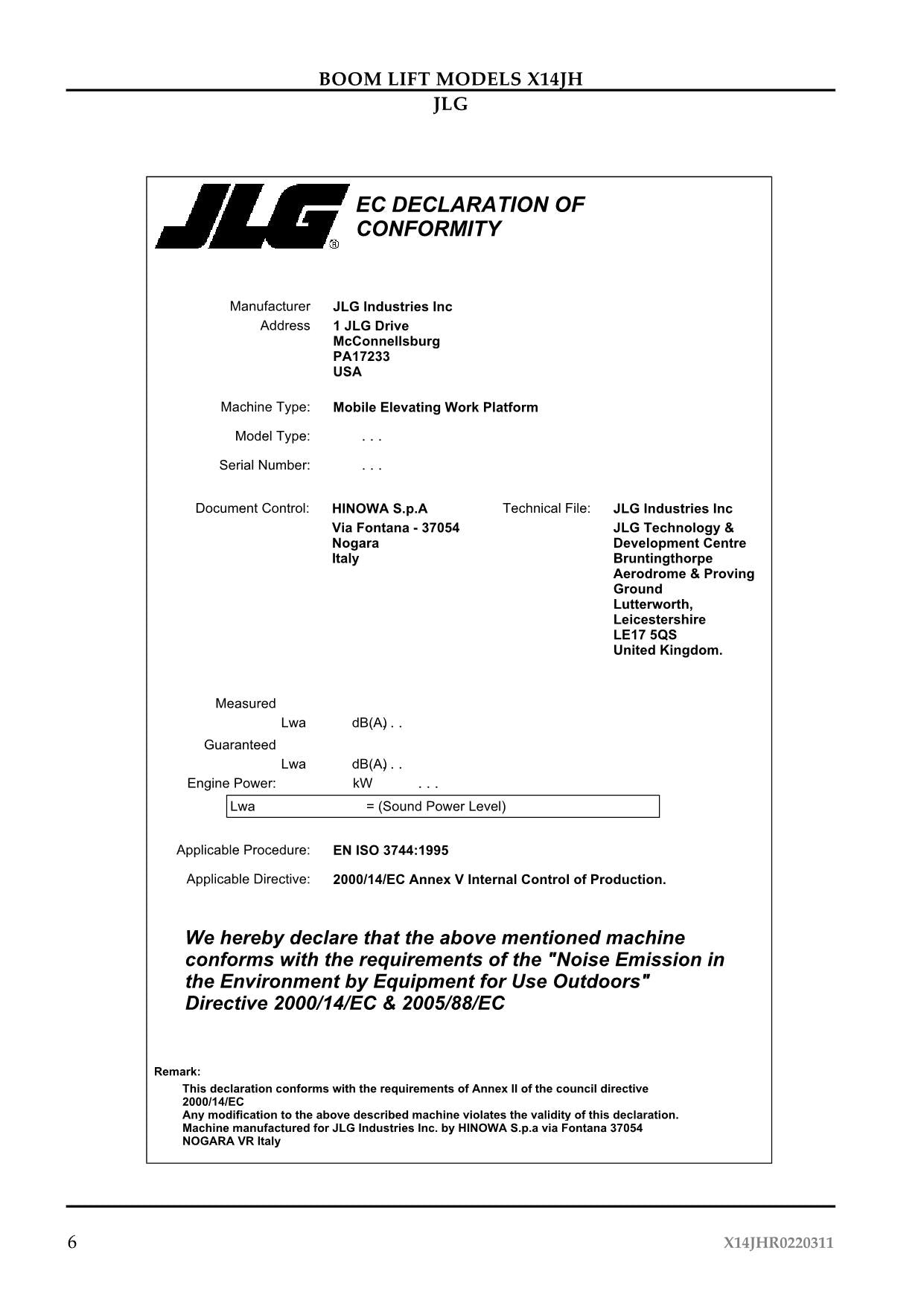 JLG X14JH Compact Crawler Boom Maintenance Operation Operators Manual