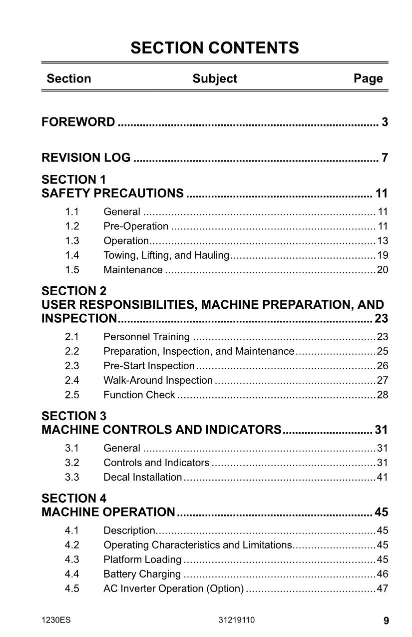 JLG 1230ES Vertical Mast Maintenance Operation Operators Manual 31219110