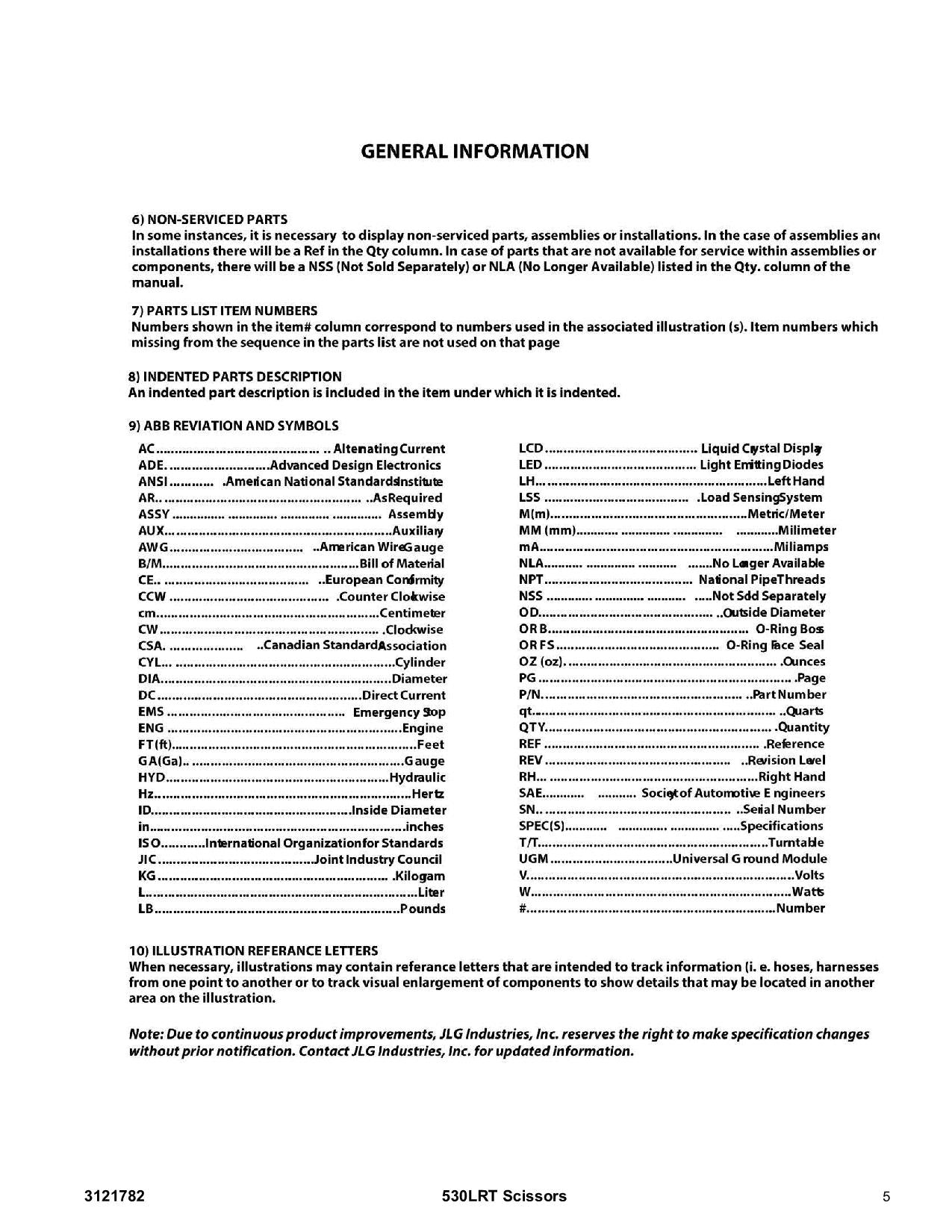 JLG 530LRT Scissor Lift Parts Catalog Manual