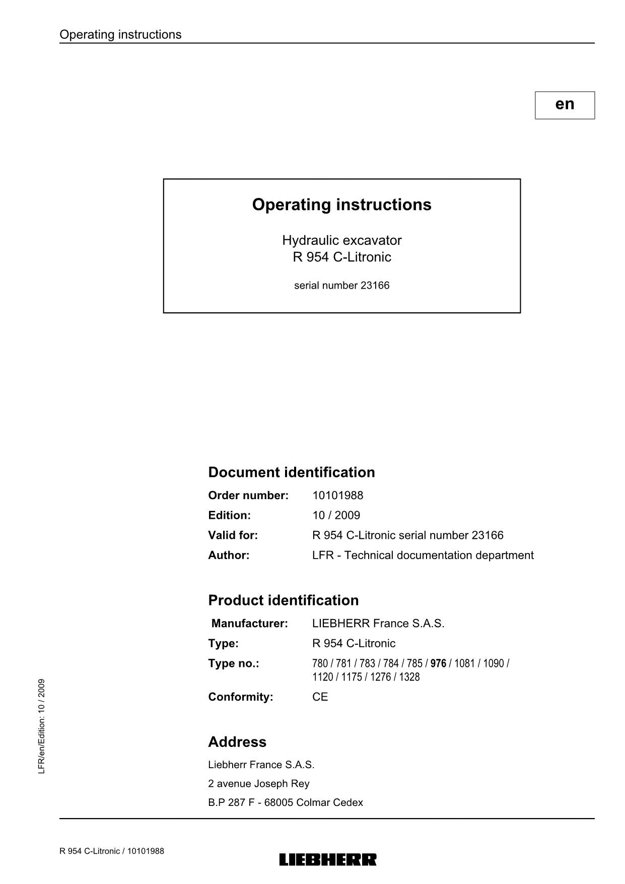 Liebherr R954 C Litronic Excavator Operators manual serial 23166