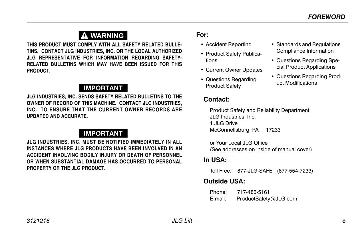 JLG 601S Boom Lift Maintenance Operation Operators Manual