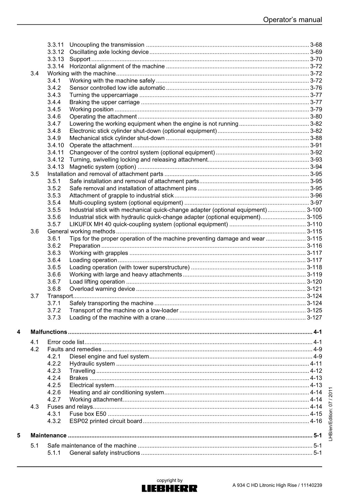 Liebherr A934 C HD Litronic High Rise Excavator Operators manual