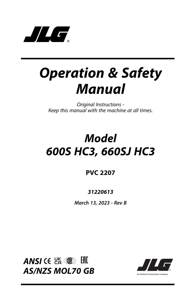 JLG 600S HC3 660SJ HC3 Boom Lift Maintenance Operation Operators Manual 31220613