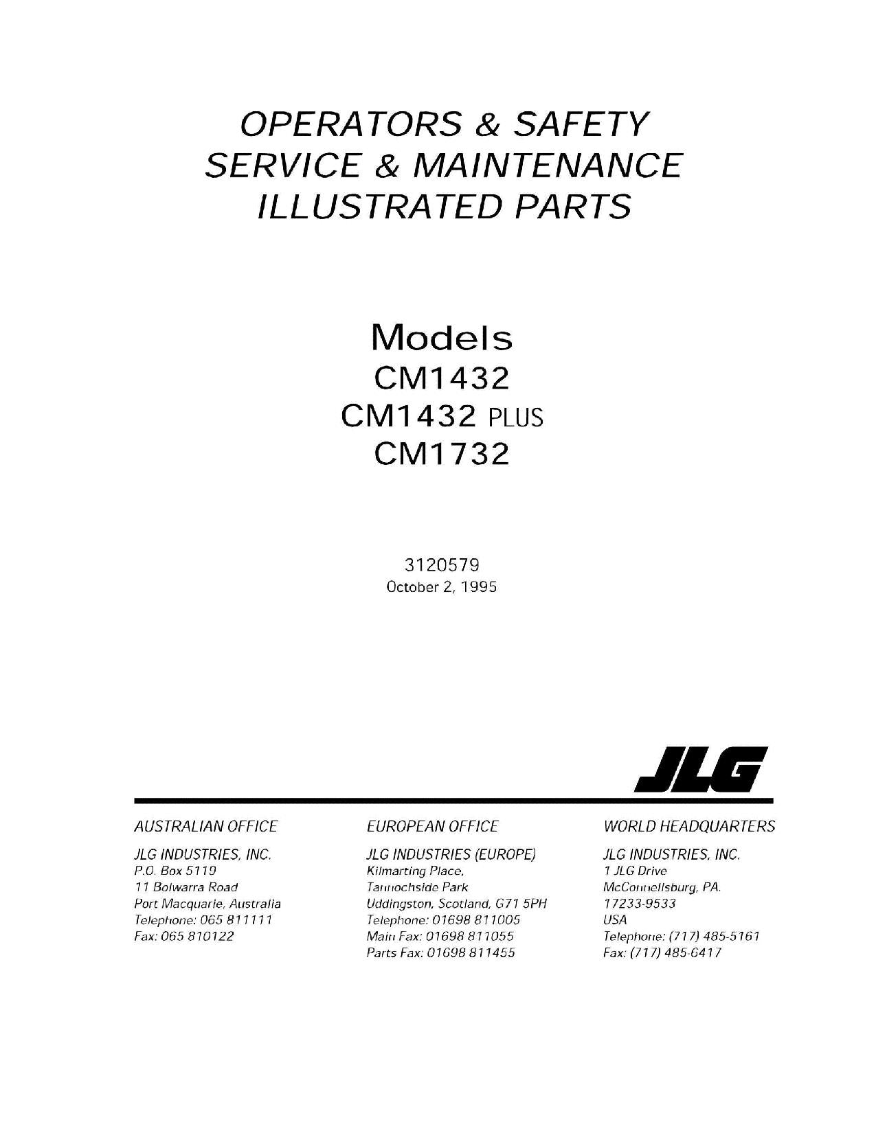 JLG CM1432 CM1432PLUS CM1732 Scissor Lift Operation Parts Service Manual