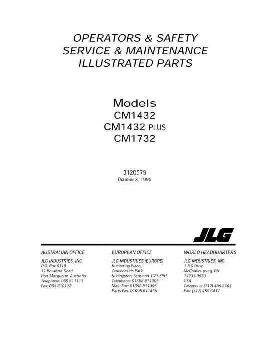 JLG CM1432 CM1432PLUS CM1732 Scissor Lift Operation Parts Service Manual